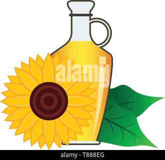Olio di semi di girasole in bottiglia con i semi di girasole e fiore.illustrazione vettoriale Illustrazione Vettoriale