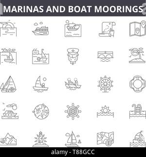 I porti e gli ormeggi delle barche le icone della linea, segni, set di vettore, concetto di contorno, illustrazione lineare Illustrazione Vettoriale