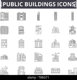 Edifici pubblici le icone della linea, segni, set di vettore, concetto di contorno, illustrazione lineare Illustrazione Vettoriale