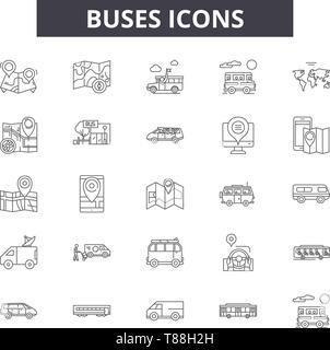 La linea di autobus icone, segni, set di vettore, concetto di contorno, illustrazione lineare Illustrazione Vettoriale