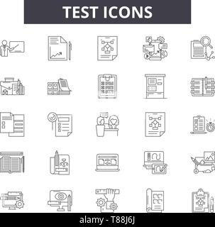 Linea di test delle icone, segni, set di vettore, concetto lineare, illustrazione di contorno Illustrazione Vettoriale