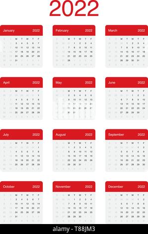 2022 Calendario minimo pulito vettore semplice design con una griglia di base. La settimana inizia il lunedì. Illustrazione Vettoriale