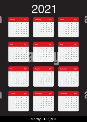 2021 Calendario minimo pulito vettore semplice design con una griglia di base. La settimana inizia il lunedì. Illustrazione Vettoriale