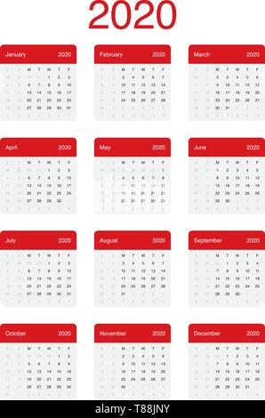 Calendario 2020 Pulire il minimo vettore semplice design con una griglia di base. La settimana inizia il lunedì. Illustrazione Vettoriale