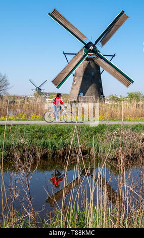 Centro storico di mulini a vento a Kinderdijk, Holland Olanda, un sito Patrimonio Mondiale dell'UNESCO. Ciclo di ciclisti passato in primo piano. Foto Stock