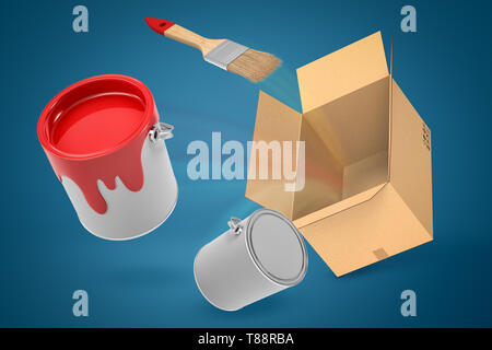 3D rendering della spazzola di vernice e la vernice rossa benne volare al di fuori della scatola di cartone su sfondo blu Foto Stock