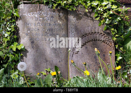 In stile libro grave marker con una foglia di felce sulla pagina aperta Foto Stock