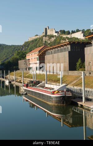 Francia, Doubs, Besancon, le Doubs specchio della Città delle Arti e la cittadella dal ponte Bregille e porto fluviale con houseboat Foto Stock