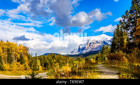 Montare il Fitzwilliam, Est sull'autostrada Yellowhead nelle Montagne Rocciose Canadesi. La metà inferiore è dolomite. La metà superiore di quarzite coperto con il lichen Foto Stock