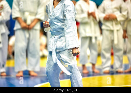 Concetto karate, arti marziali. Concetto di leadership, vittoria, arti marziali. Il lottatore esegue esercizi di fronte a un gruppo di combattenti. Foto Stock