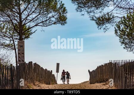 Francia, Herault, Agde, giovane a camminare su una spiaggia sotto i pini Foto Stock