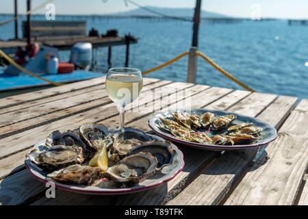 Francia, Herault, Loupian, piastra di ostriche e un bicchiere di vino bianco con la laguna di Thau in background Foto Stock