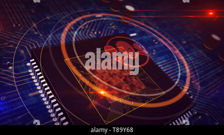 Social media concetto con profilo testa ologramma sulla CPU di lavoro in background. Concetto di tutela della privacy, networking e identità nel cyberspazio. Foto Stock