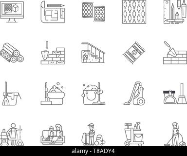 Tappeti e tappezzeria linea pulizia icone, segni, set di vettore, illustrazione di contorno concept Illustrazione Vettoriale