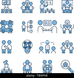 Semplice Set del lavoro di squadra e la relativa icona. vettore di riempimento lineare simbolo segno Illustrazione Vettoriale