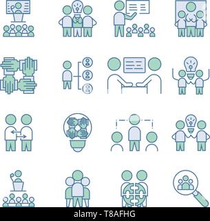 Semplice Set del lavoro di squadra e la relativa icona. vettore di riempimento lineare simbolo segno Illustrazione Vettoriale