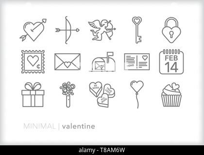 Set di 15 linea di san valentino icone per amore, romanticismo, il giorno di San Valentino o mostrare a qualcuno di speciale che si prendono cura di loro Illustrazione Vettoriale
