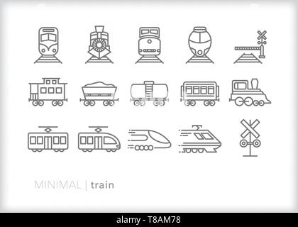Set di 15 treno linea icone del trasporto merci, pendolare e treni passeggeri Illustrazione Vettoriale