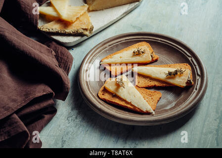 Semi-cured formaggio "Villarejo Rosemary', a fette su fette di pane abbrustolito sulla piastra marrone, antipasto, realizzati con materie prime latte di pecora e indurito in lardo iberico e Ro Foto Stock