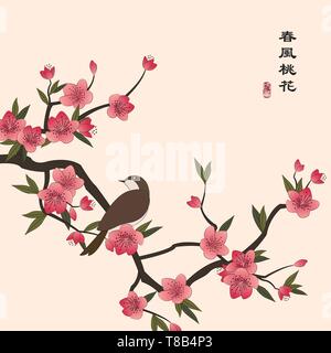 Retrò colorato stile cinese illustrazione vettoriale peach blossom fiore e un piccolo uccello in piedi sul ramo. La traduzione per la parola cinese : Illustrazione Vettoriale