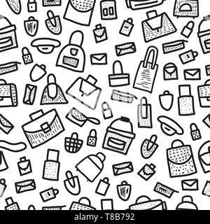 Modello senza giunture di sacchetti in doodle stile. Disegnata a mano Accessori donna sfondo. Vector design in bianco e nero disegno illustrativo. Illustrazione Vettoriale