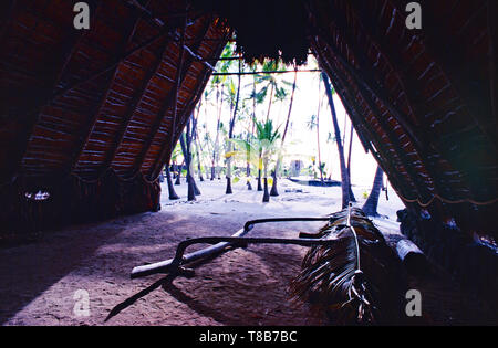 Pu'uhonua O Honaunau,città di rifugio,canoa outrigger,Grande Isola,Hawaii Foto Stock