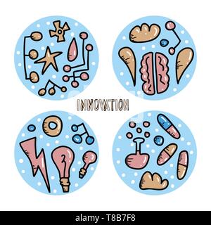 Set di badge rotondo del concetto di innovazione in stile scarabocchio. I simboli vettoriali illustrazione. Illustrazione Vettoriale