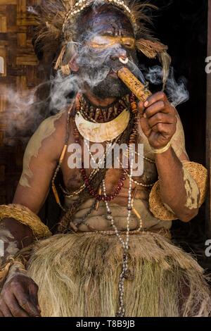 Papua Nuova Guinea, Enga Provincia, Ewa tribù, Wabag regione, danzatori vestiti per un sing-Sing (una festa tradizionale) Foto Stock