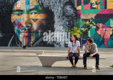 Il Brasile, Stato di Rio de Janeiro, Rio de Janeiro, città classificate patrimonio mondiale dell UNESCO, centro Docks district, Utopia Aquario stazione del tram, dipinto da un artista Eduardo Kobra dipinte nel 2016 per i Giochi olimpici su 3000 mq Foto Stock