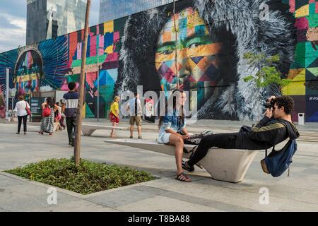 Il Brasile, Stato di Rio de Janeiro, Rio de Janeiro, città classificate patrimonio mondiale dell UNESCO, centro Docks district, Utopia Aquario stazione del tram, dipinto da un artista Eduardo Kobra dipinte nel 2016 per i Giochi olimpici su 3000 mq Foto Stock