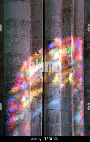 Francia, Seine-Maritime, Saint Martin de Boscherville, Saint-Georges de Boscherville Abbazia del XII secolo, vetrate luce nella chiesa abbaziale navata centrale Foto Stock