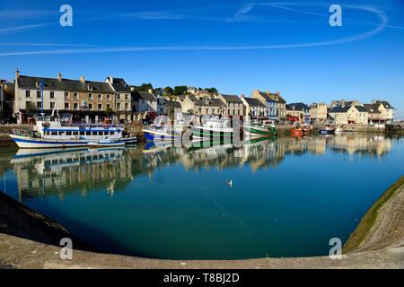 Francia, Calvados, Cote de Nacre, Port en bessin, le navi per la pesca a strascico nel porto di pesca Foto Stock