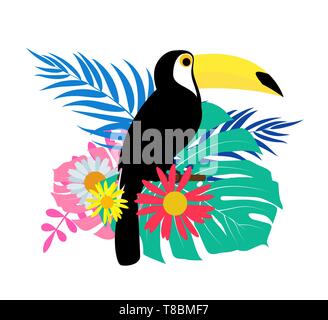 Toucan bird con foglie di palmo su sfondo bianco. Illustrazione vettoriale EPS10 Illustrazione Vettoriale