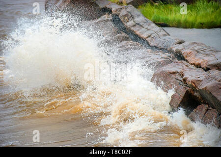 Le forti onde del Mare Bianco si infrangono sulla spiaggia rocciosa Foto Stock