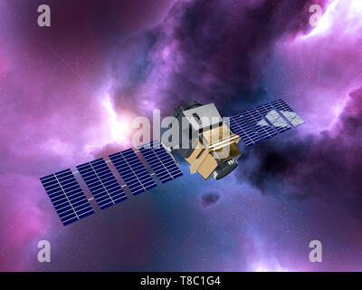 Un satellite artificiale concetto rendering 3D nello spazio nebulosa viola Foto Stock