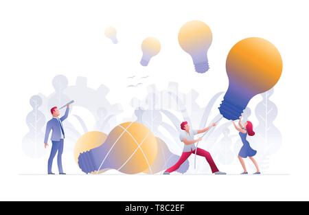 La gente di affari e riunioni di brainstorming e di ricerca, trovare e caccia di nuove idee e soluzioni e oppotunities. Concetto di vettore illustrazione. Illustrazione Vettoriale