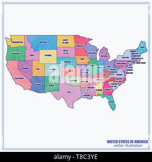 Mappa degli Stati Uniti con le regioni e una infografica. Illustrazione colorata con mappa degli STATI UNITI D'AMERICA. Mappa americana con le regioni. Illustrazione Vettoriale. Illustrazione Vettoriale