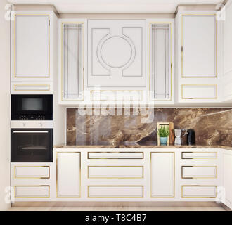 Interni dal design moderno di cucina, vista frontale, close-up, elegante e raffinato, decorativo, rendering 3D Foto Stock