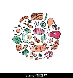 Stampa rotondo con disegnati a mano il cibo. Illustrazione Vettoriale sfondo. Design per arredamento di cucina Illustrazione Vettoriale