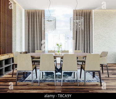 Italiano moderno design interno contemporaneo di sala da pranzo con bellissima vista sulla campagna, montagna in background, rendering 3D Foto Stock