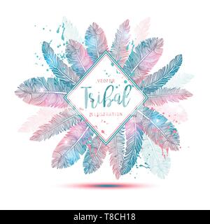 Piume illustrazione set impostato su sfondo bianco. Disegnata a mano vettore piume outline stile Boho grafici di disegno Illustrazione Vettoriale
