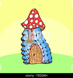 Fairy cartoon doodle ornamentali in stile casa colorati. Fungo stilizzati Illustrazione Vettoriale