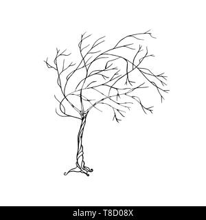 Fata disegnata a mano linea nera albero d'arte. Vento Illustrazione Vettoriale