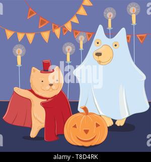 Illustrazione Vettoriale con divertenti del cane e del gatto in costumi di Halloween. Halloween divertente per i bambini. Modello per il biglietto di auguri. Illustrazione Vettoriale