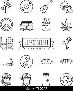 Spirito Hippie linea set di icone. Raccolta di uno stile di vita hippie e simboli accessori illustrazione vettoriale. Illustrazione Vettoriale