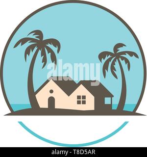 Casa sotto le palme sulla spiaggia vettore modello di logo Illustrazione Vettoriale
