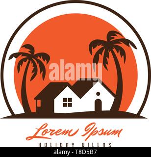 Beach Hut e palme nel vettore al tramonto del modello di logo Illustrazione Vettoriale