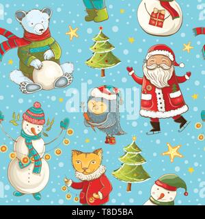 Vettore di Seamless pattern con Babbo Natale, snowman, albero di natale e simpatici animali. Piastrellabile cartoon sfondo di Natale. Illustrazione Vettoriale