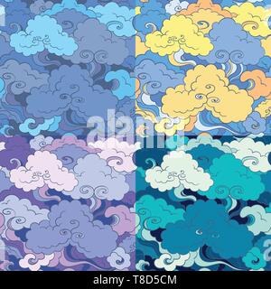 Tradizionali asiatici modelli senza soluzione di continuità con le nuvole e il cielo. 4 varianti di colore. Motivo orientali. Sfondo vettoriale Illustrazione Vettoriale