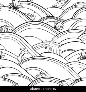 Vector seamless pattern con onde, schizzi e lotuses. Abstract sfondo con acqua e fiori. eps 10 Illustrazione Vettoriale